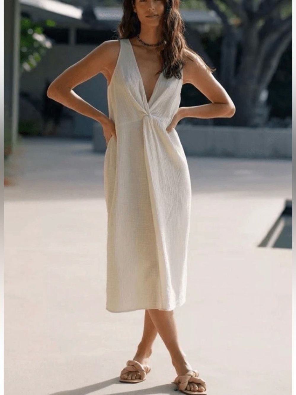AMADI Twist Front Cotton Gauze Maxi Cover-Up Dress Cream Size Small Made USA